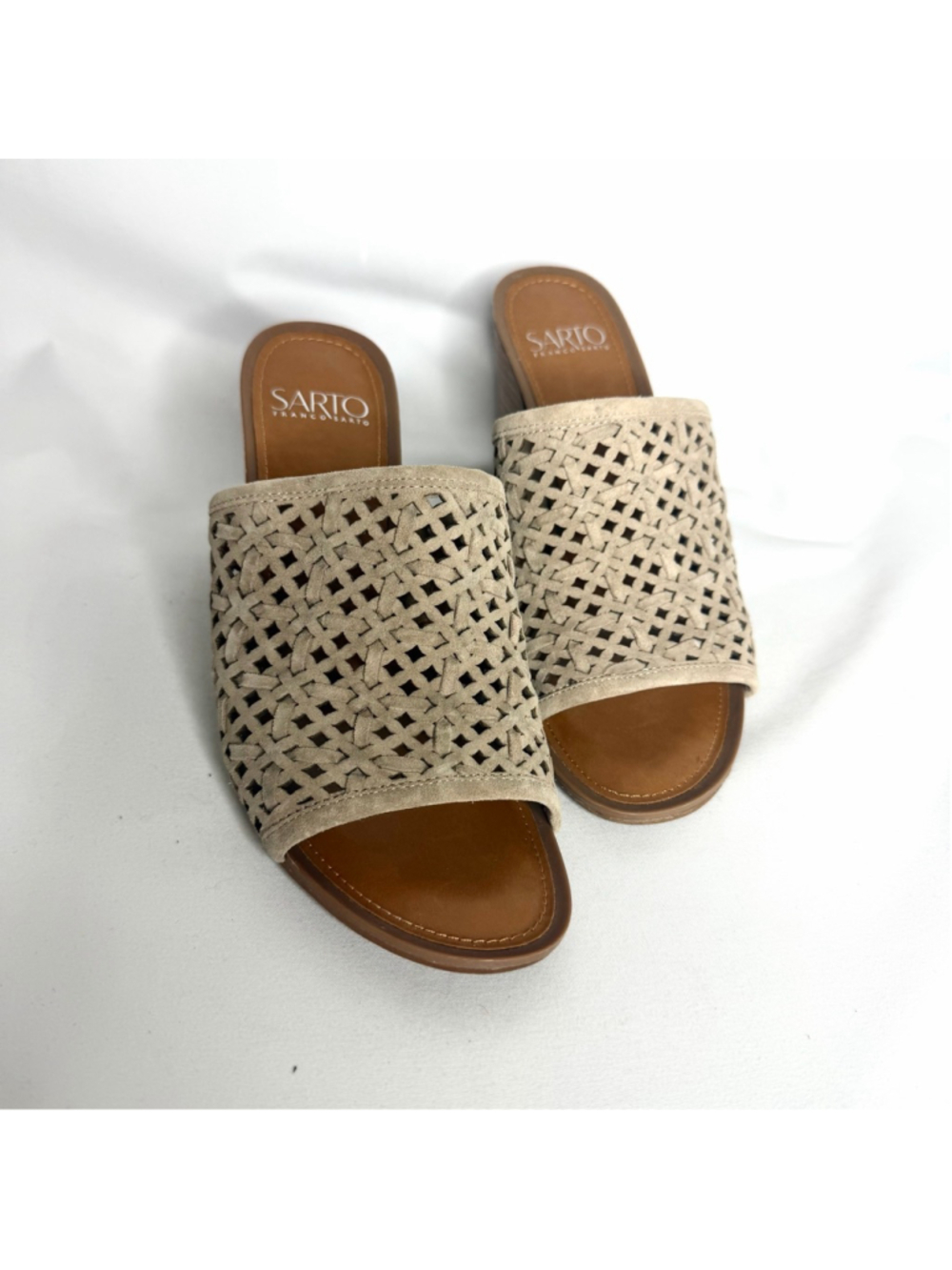 Women's Franco Sarto Beige Woven Open Toe Heeled Sandals Size 7.5 - Picture 3 of 6